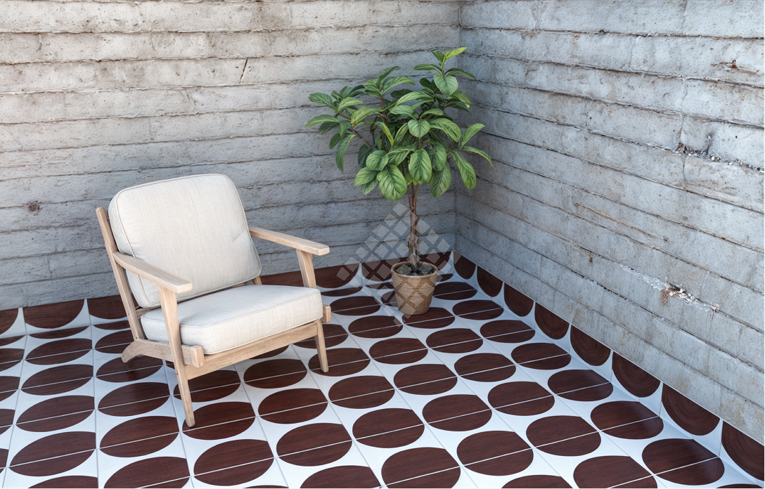 Outdoor seating with coffee bean pattern tiles